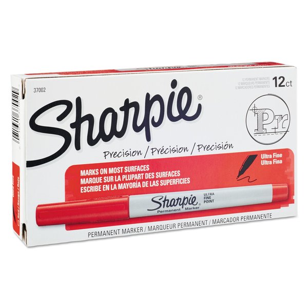 Sharpie Ultra Fine Tip Permanent Marker, Extra-Fine Needle Tip, Red, PK12 37002